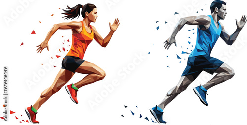 Male and female runners in dynamic low poly geometric art style, professional athletes sprinting in competition, abstract sports illustration, isolated,
