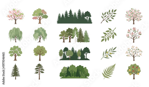 Botanical vector elements set with blooming trees and forest shapes watercolor style design