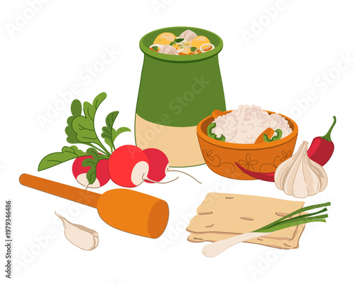 A vector map of Iran with landmarks and Islamic symbols. The Shah Mosque and the national musical instrument Kamancheh. A Persian rose and a nightingale, pomegranate. The traditional dish Dizi.