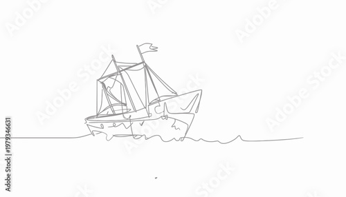 Continuous single line drawing of a sailing boat navigating calm ocean waves, symbolizing adventure and journey