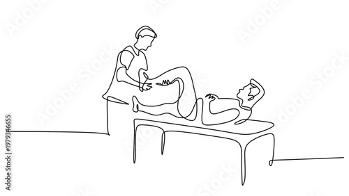 Physical therapist treating patient on medical bed continuous one line drawing. Minimalist rehabilitation concept.