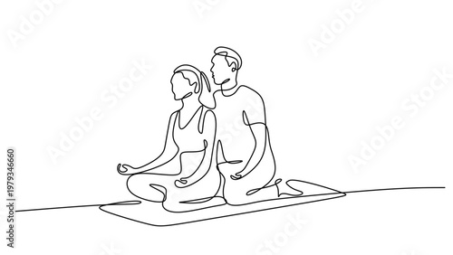 Couple meditating together in lotus pose on yoga mat single line art. Minimalist health concept.