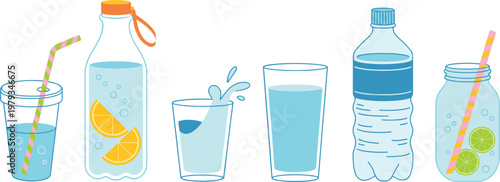 Drinking water collection set, diverse glass and plastic bottle icons with lemon, lime and straw for healthy hydration vector