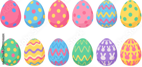 Colorful Easter egg vector collection, 12 decorative patterned eggs with polka dots and zigzags, pastel spring holiday icons for greeting cards