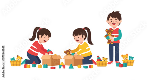 Three happy children, two girls and a boy, are shown tidying up their colorful toys like building blocks and teddy bears into cardboard boxes.