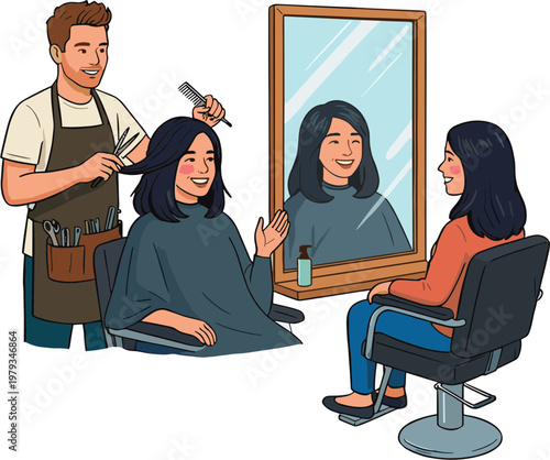 A barber cuts a woman's hair as she looks at her reflection in a mirror.