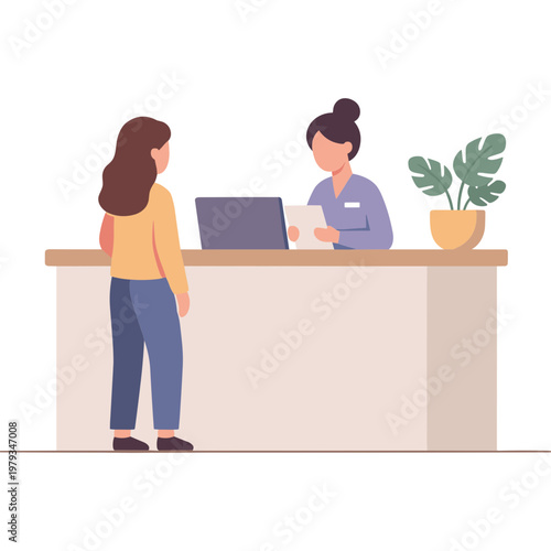 Illustration of woman checking in at hotel reception desk with staff