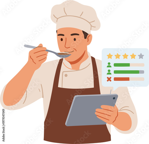 A chef tastes food while evaluating a review on his tablet.