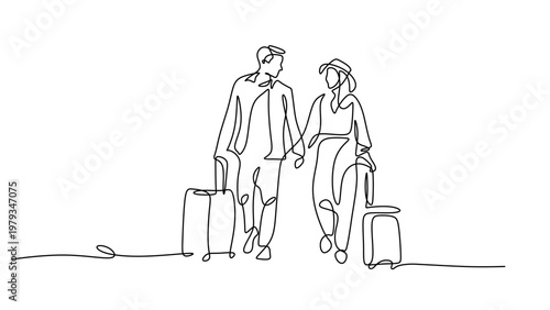 Traveling couple with luggages single line art. Minimalist concept for holiday vacation journey.