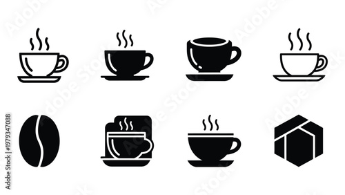 A collection of black and white icons depicting hot beverages coffee beans and sugar cubes in a minimalist style high quality