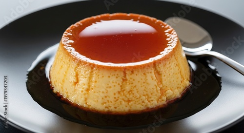 Creme Caramel Custard Dessert on Plate.