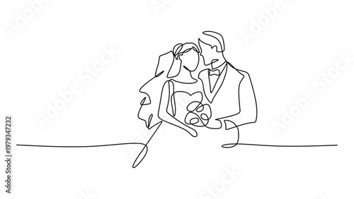 Bride and groom embracing minimalist concept continuous one line drawing. Wedding couple celebrating love and romantic marriage.