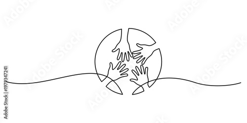 Global community hands circle concept single line art. Teamwork collaboration and unity minimalist vector graphic.