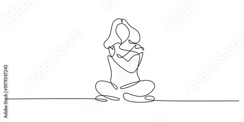 Person sitting hugging knees self care concept. continuous one line drawing minimal art