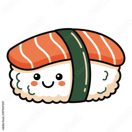 Cute cartoon sushi with smiling face on white background icon