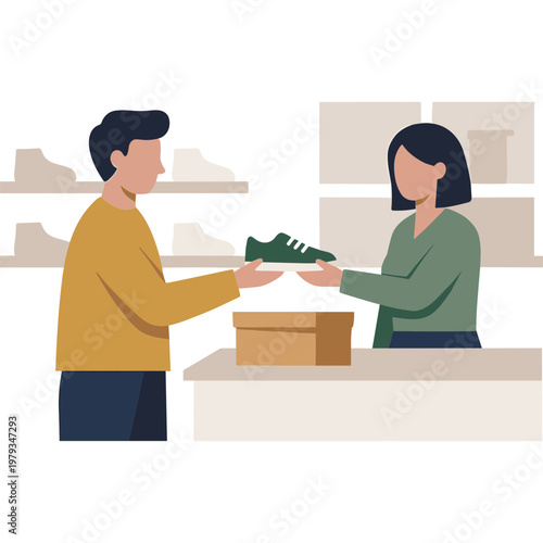 Man buying green shoes from woman at store counter with box