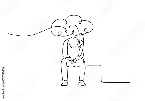 Sad person sitting under dark cloud expressing depression concept. Minimalist single line art showing mental health problem.