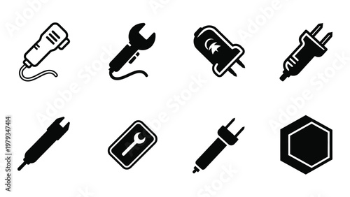A collection of black silhouette icons depicting various automotive tools and charging adapters for vehicle maintenance high quality professional detailed modern