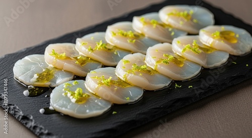 Sliced Radish with Herb Garnish on Black Board.