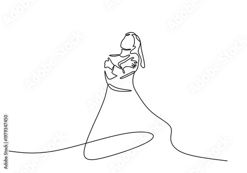 Woman hugging herself showing self love and body positive concept. Minimalist continuous one line drawing of female figure.