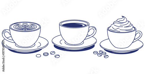 Three beverage illustrations coffee tea and ice cream in cups