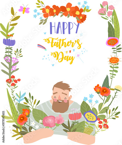 Cartoon Father holding Bouquet of Spring Flowers. Vector illustration