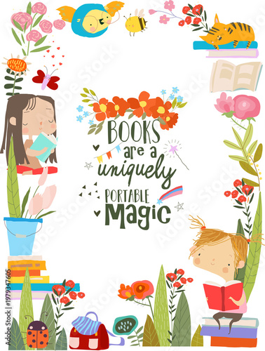 Cute Floral Frame Composed of Kids Reading Books. Vector Illustration