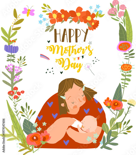 Vector Cute Floral Frame Composed with Cartoon Mother feeding Baby from Bottle