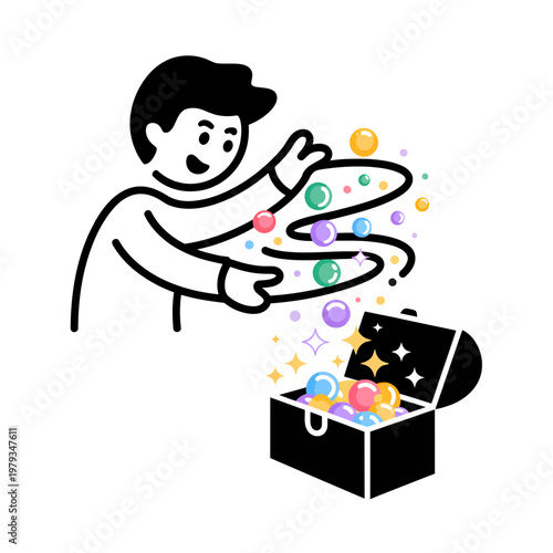 Man opening treasure chest filled with colorful balls and stars symbolizing surprise and luck