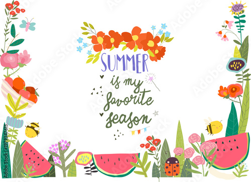 Cute Cartoon Frame with Watermelon, Apples, Summer Flowers, Plants and Bees. Vector Illustration