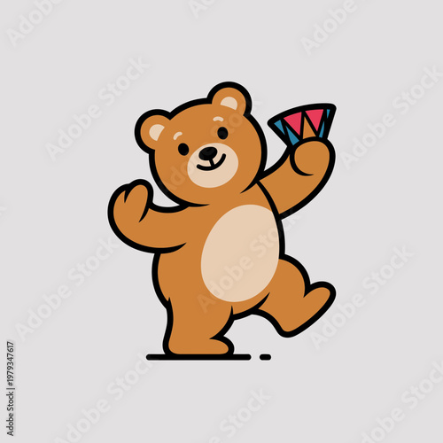 Brown cartoon bear dancing with colorful fan in hand on gray background