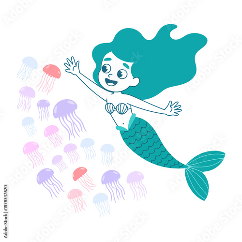 Teal mermaid swimming with colorful jellyfish in ocean cartoon illustration for kids