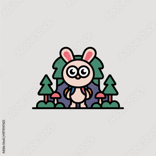 Cartoon rabbit in forest with trees and mushrooms cute animal character design