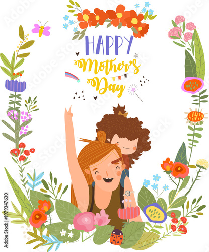 Vector Cute Floral Frame Composed with Cartoon Mother and Cute Daughter