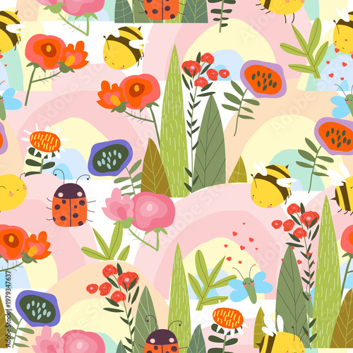 Vector Seamless Pattern with Cute Summer Flowers, Rainbow and Bees