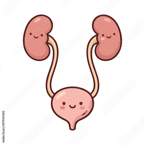 A cartoon illustration of a smiling human urinary system with kidneys and bladder