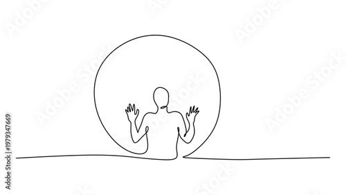 Person with raised hands inside circle continuous one line drawing. Minimalist psychology concept of personal boundaries.