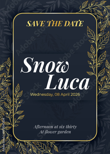 Dark gold wedding invitation card with square frame and floral plant leaves luxurious elegant exclusive design template for celebration event print ready editable premium layout design