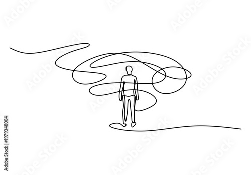 Person with tangled string above head continuous one line drawing. Minimalist psychology concept of mental health stress anxiety.
