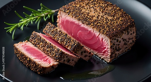 Sliced Pepper Crusted Beef on Plate.