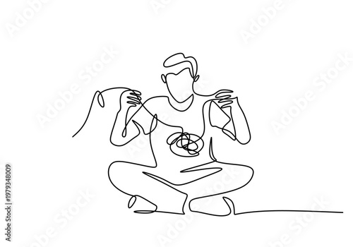 Sitting person untangling knot, continuous one line drawing. Minimalist concept of problem solving mental therapy mindfulness. 