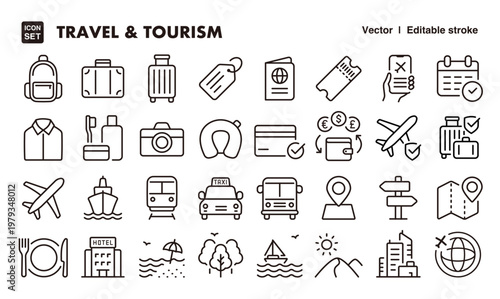 Travel and Tourism Icon Set – Editable Line Style