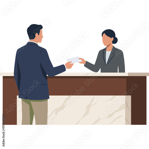 Man hands over papers to woman behind hotel reception desk indoors