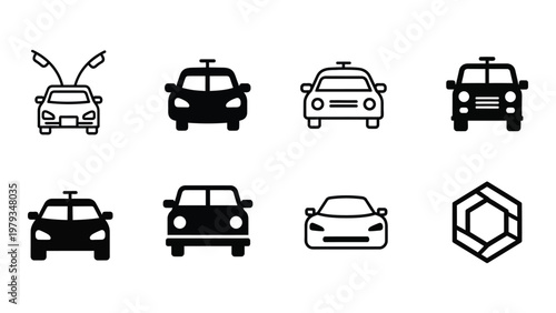 A collection of black minimalist vehicle icons including cars taxis and a hexagonal geometric shape high quality professional detailed modern elegant