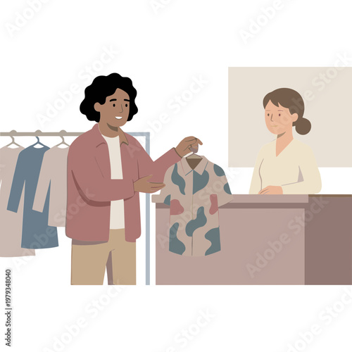 Man returns colorful shirt to female sales associate at clothing store counter