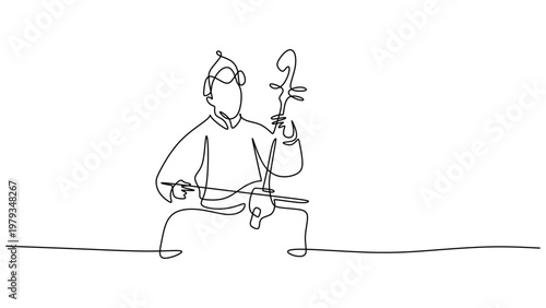 Musician playing traditional stringed instrument continuous one line drawing. Minimalist classical music concept.