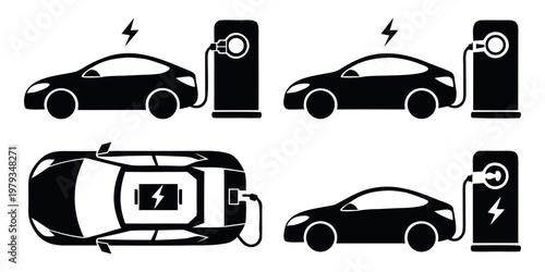 Vector illustration of a black car and transport icons set featuring a collection of automobile, truck, and van silhouettes for traffic and travel design.