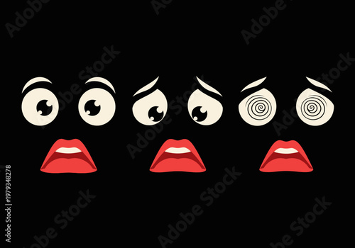 Cartoon Facial Expressions Set: Shock, Sadness, and Hypnosis with Spiral Eyes and Red Lips on Black Background