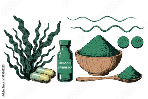 A spa still life design featuring a glass bottle of essential oil and flowers in a cartoon vector illustration set with a jar and breakfast cup object.