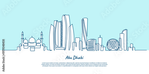 Abu Dhabi cityscape continuous one line drawing silhouette modern travel destination.